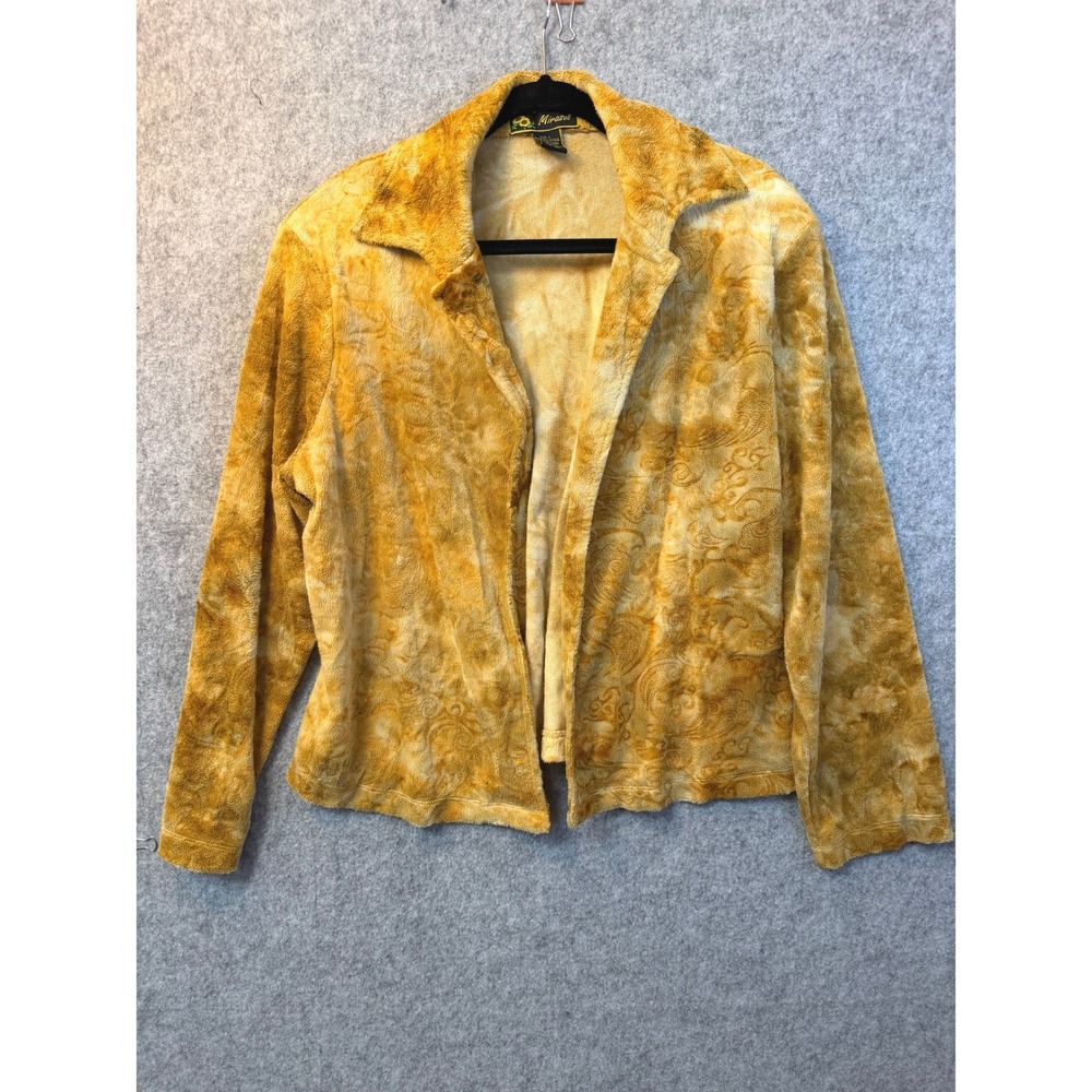 Mirasol Womens Mustard Yellow Paisley Embossed Fleece Open Front Top Large